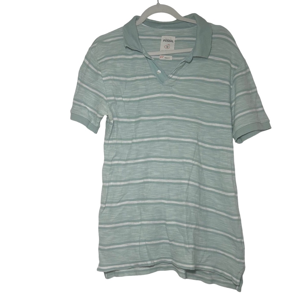 Fossil Mens Polo Shirt Medium Green White Striped Short Sleeve Vintage Fit
